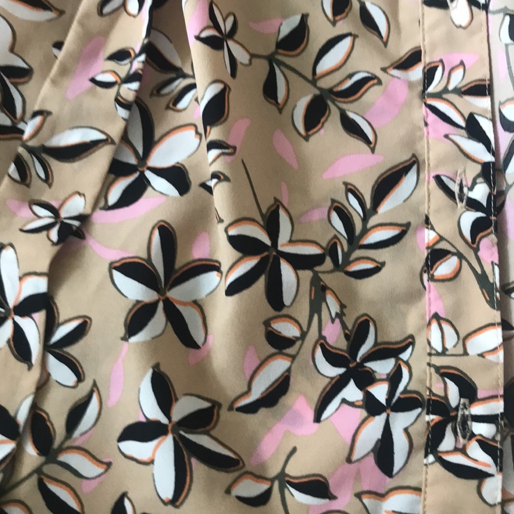 Banana Republic Floral Print Tan Wrap Dress with Pink & Black Accents